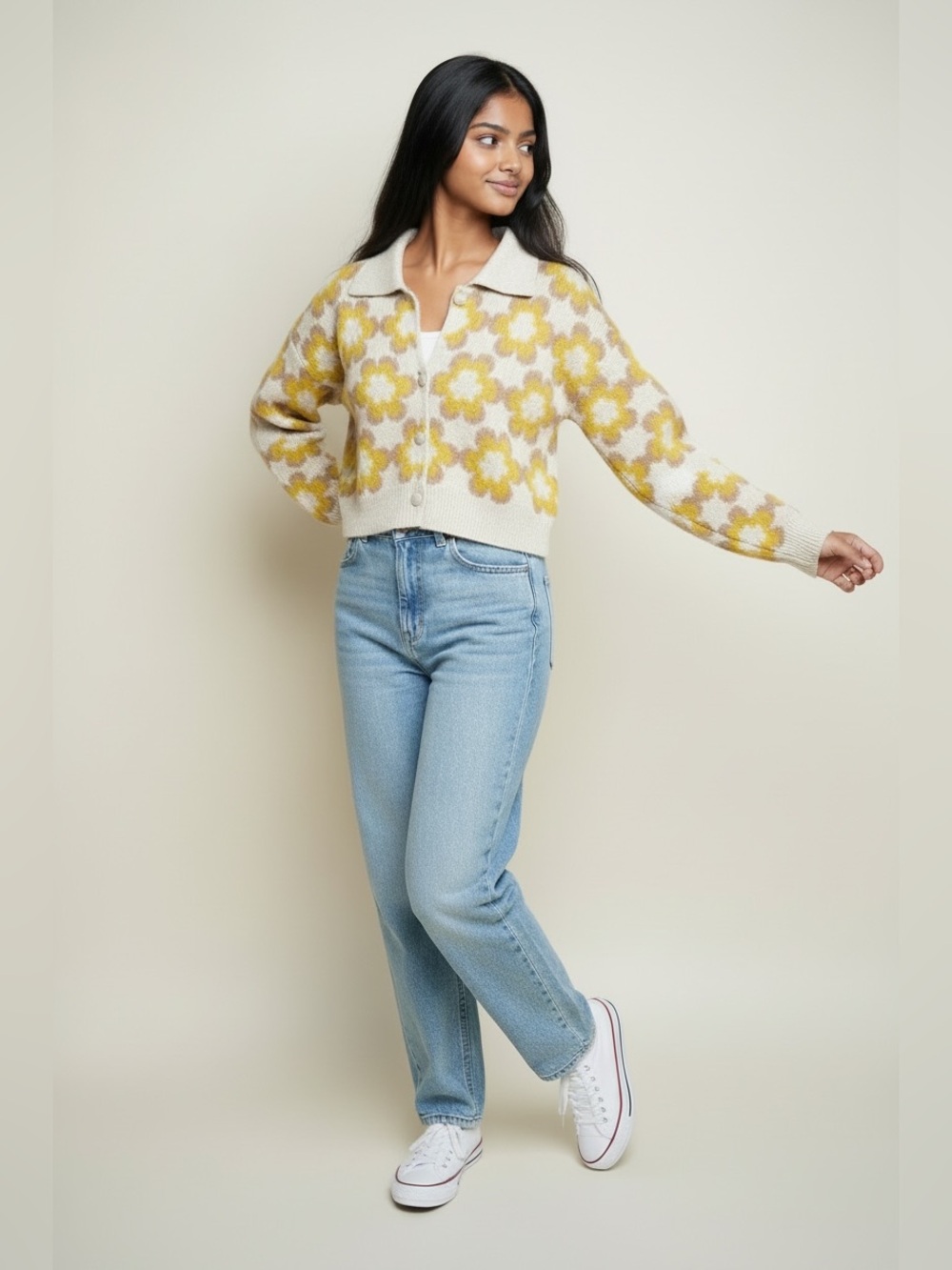 Mod Daisy Knit Collared Button Front Sweater Medium Grandmacore Retro